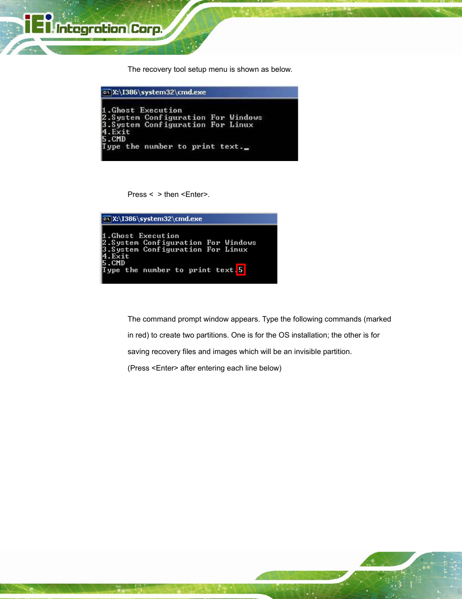 Figure b-3: recovery tool setup menu, Figure b-4: command mode | IEI Integration AFL2-W15A-N270 v2.00 User Manual | Page 104 / 141