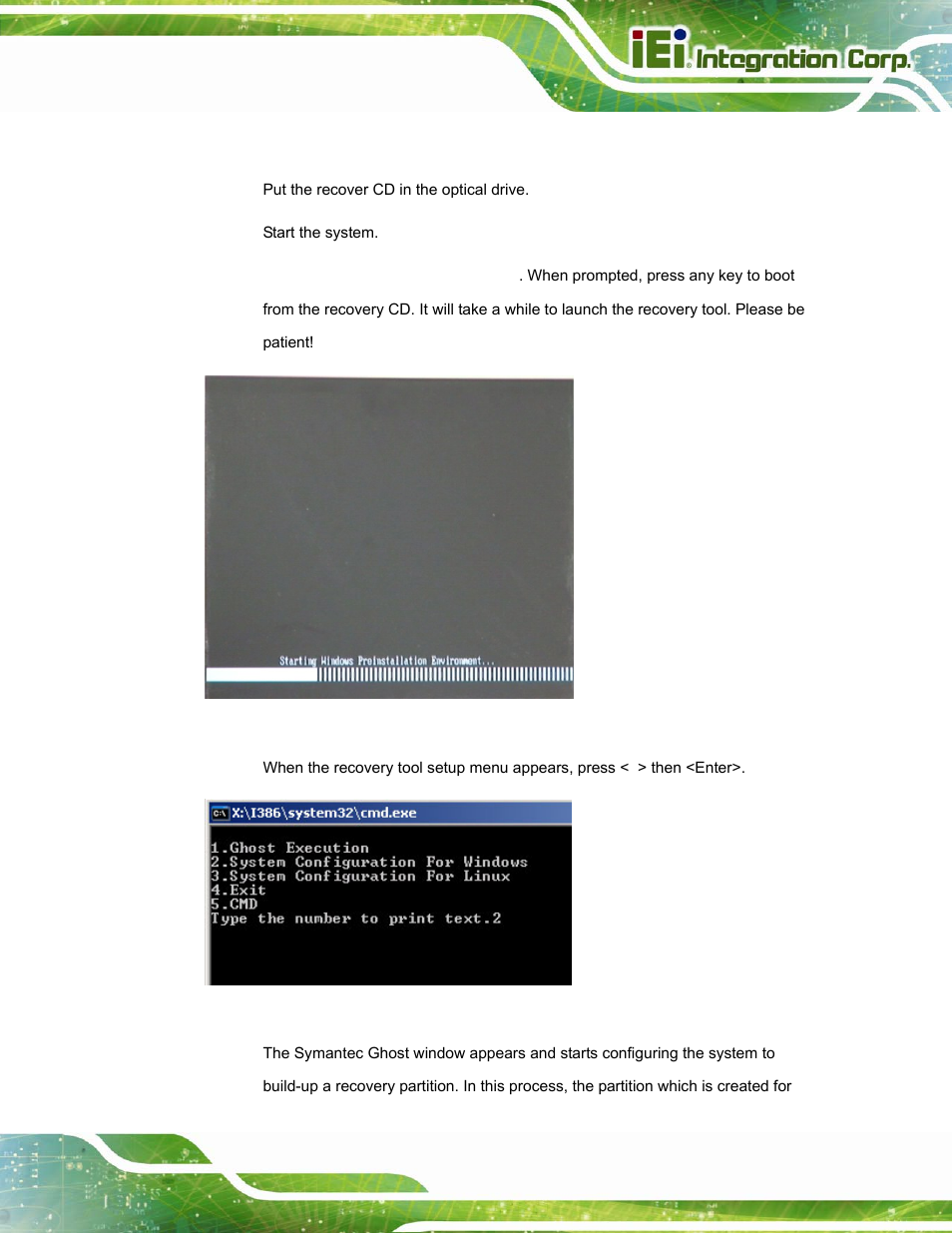 B.2.4 build-up recovery partition, Figure b-6: launching the recovery tool, Figure b-7: system configuration for windows | IEI Integration AFL2-W15A-N270 v2.00 User Manual | Page 107 / 141