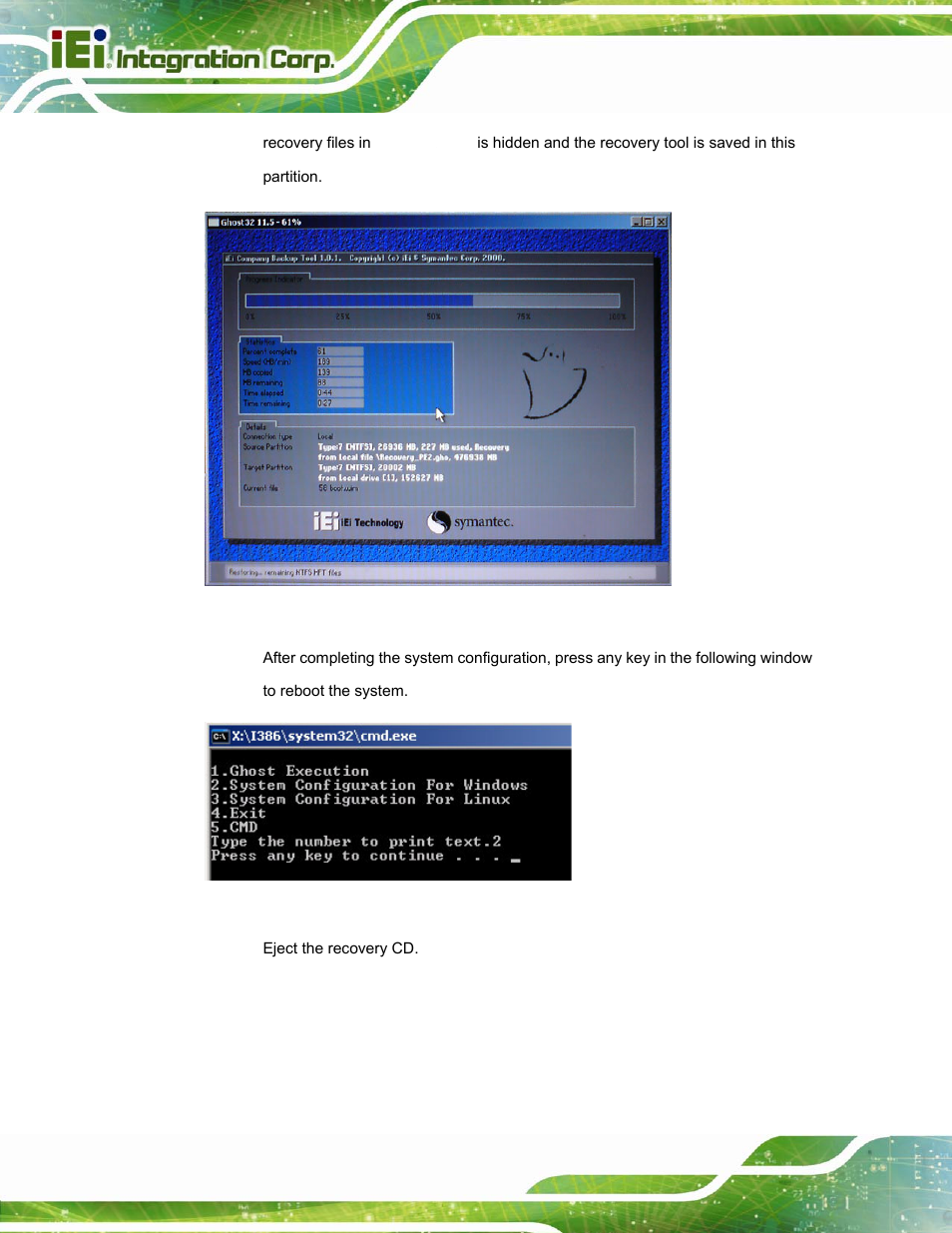 Figure b-8: build-up recovery partition, Figure b-9: press any key to continue | IEI Integration AFL2-W15A-N270 v2.00 User Manual | Page 108 / 141
