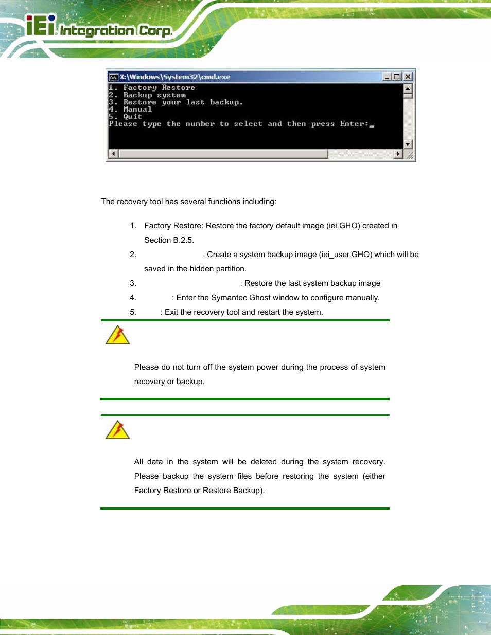 Figure b-26: recovery tool main menu | IEI Integration AFL2-W15A-N270 v2.00 User Manual | Page 118 / 141