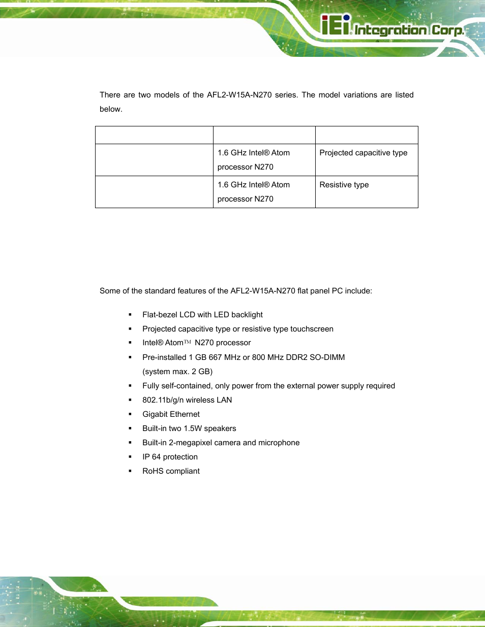 2 model variations, 3 features, Odel | Ariations, Eatures, Table 1-1: model variations | IEI Integration AFL2-W15A-N270 v2.00 User Manual | Page 15 / 141