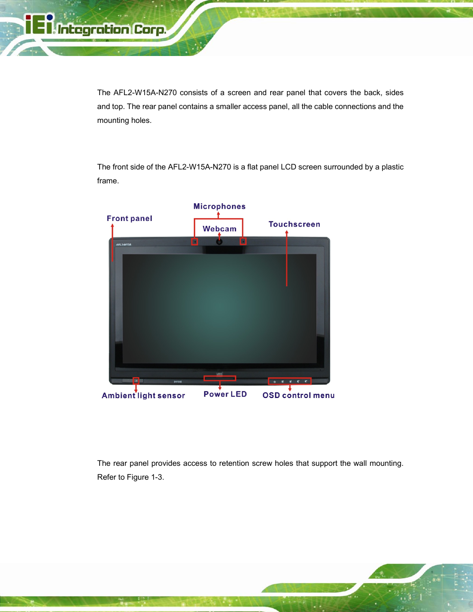 4 external overview, 1 front panel, 2 rear panel | Xternal, Verview, Figure 1-2: front panel | IEI Integration AFL2-W15A-N270 v2.00 User Manual | Page 16 / 141