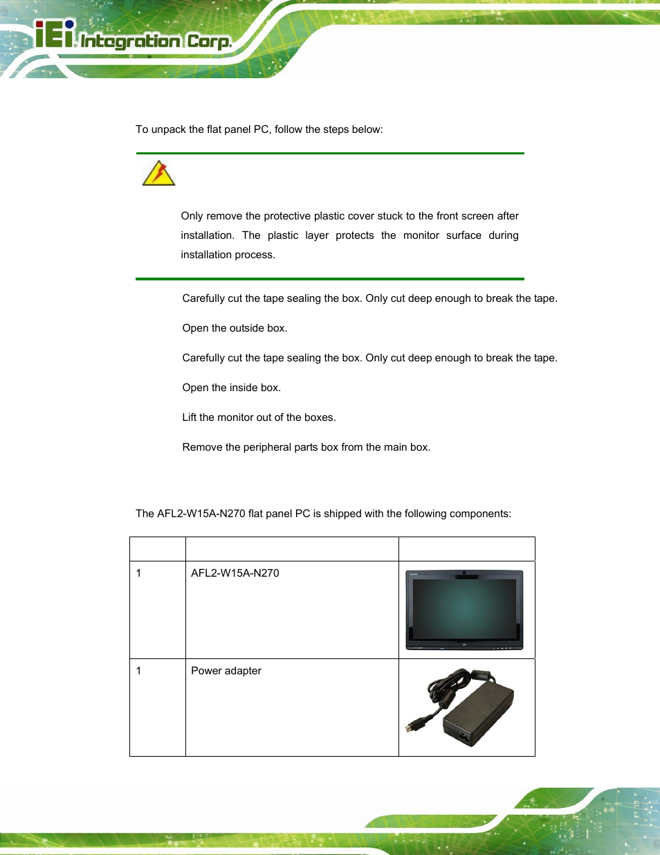 1 unpack the panel pc, 2 packing list, Npack the | Anel, Acking | IEI Integration AFL2-W15A-N270 v2.00 User Manual | Page 24 / 141