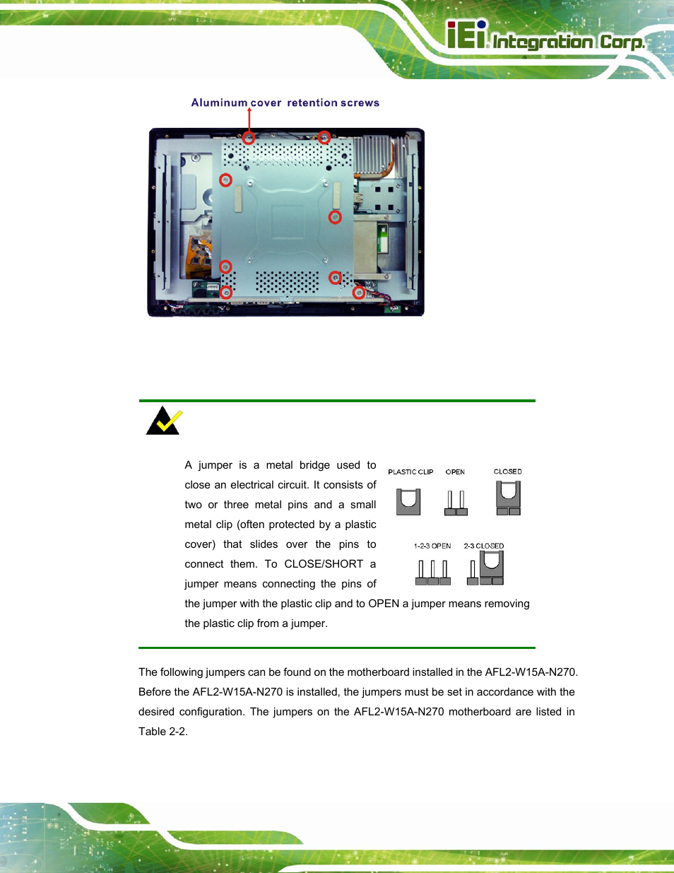 7 jumper settings, Umper, Ettings | IEI Integration AFL2-W15A-N270 v2.00 User Manual | Page 31 / 141