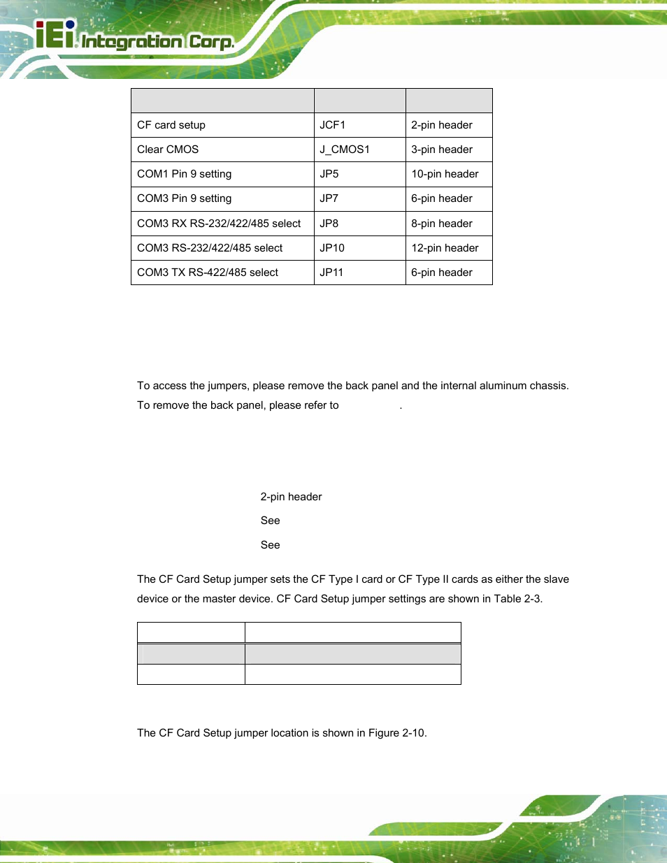 1 access the jumpers, 2 cf card setup, Table 2-2: afl2-w15a-n270 jumpers | Table 2-3: cf card setup jumper settings | IEI Integration AFL2-W15A-N270 v2.00 User Manual | Page 32 / 141
