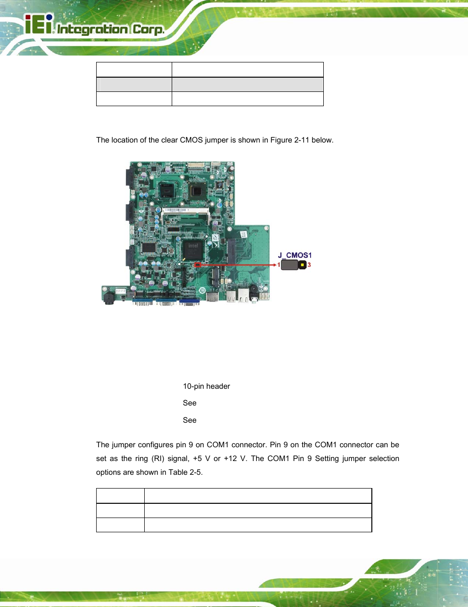 4 com 1 port pin 9 select, Figure 2-11: clear cmos jumper location, Table 2-4: clear cmos jumper settings | IEI Integration AFL2-W15A-N270 v2.00 User Manual | Page 34 / 141