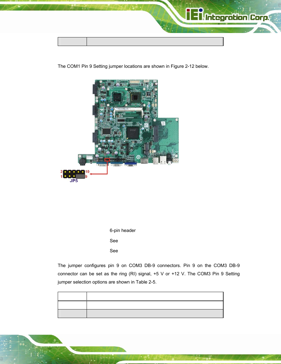 5 com 3 port pin 9 select, Figure 2-12: com1 pin 9 setting jumper location, Table 2-5: com1 pin 9 setting jumper settings | See table 2-5, See figure 2-12, Table 2-5 | IEI Integration AFL2-W15A-N270 v2.00 User Manual | Page 35 / 141