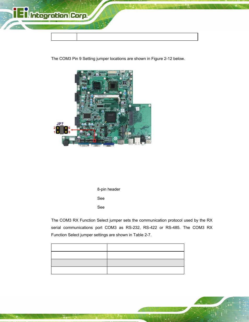 6 com3 rx function select jumper, Figure 2-13: com3 pin 9 setting jumper location, Table 2-6: com3 pin 9 setting jumper settings | See table 2-6, See figure 2-13 | IEI Integration AFL2-W15A-N270 v2.00 User Manual | Page 36 / 141