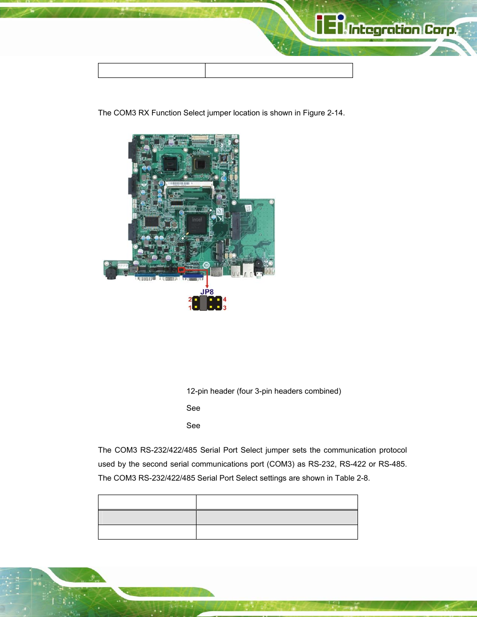7 com3 rs-232/422/485 serial port select jumper, Table 2-7: com3 rx function select jumper settings, See table 2-7 | See figure 2-14, Table 2-7 | IEI Integration AFL2-W15A-N270 v2.00 User Manual | Page 37 / 141
