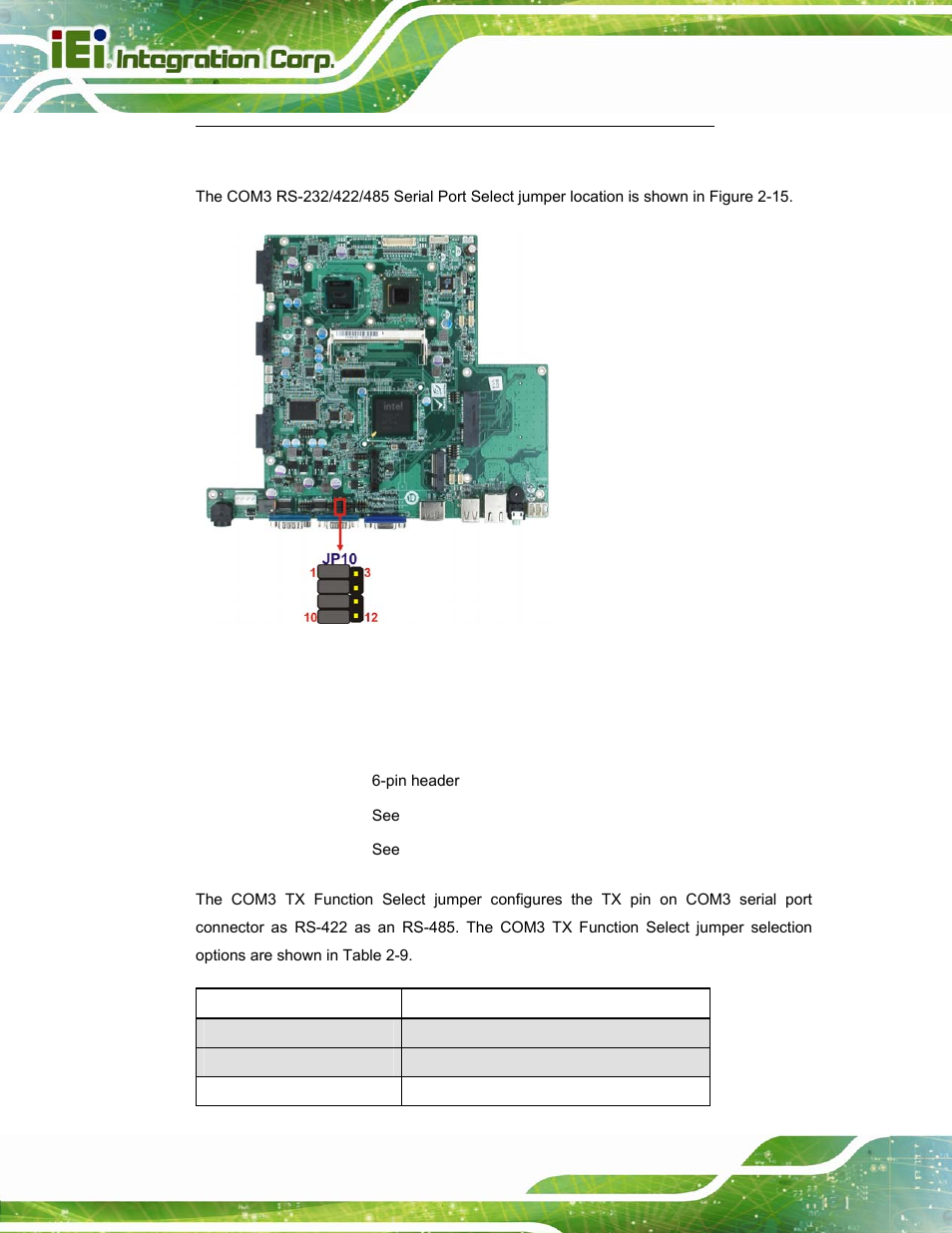8 com3 tx function select jumper, See table 2-8, See figure 2-15 | Table 2-8 | IEI Integration AFL2-W15A-N270 v2.00 User Manual | Page 38 / 141