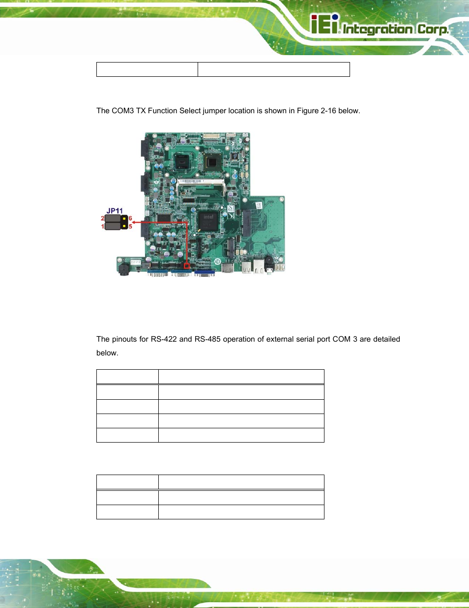 1 com3 rs-422 and rs-485 pinouts, Table 2-9: com3 tx function select jumper settings, Table 2-10: rs-422 pinouts | Table 2-11: rs-485 pinouts, See table 2-9, See figure 2-16, Table 2-9 | IEI Integration AFL2-W15A-N270 v2.00 User Manual | Page 39 / 141