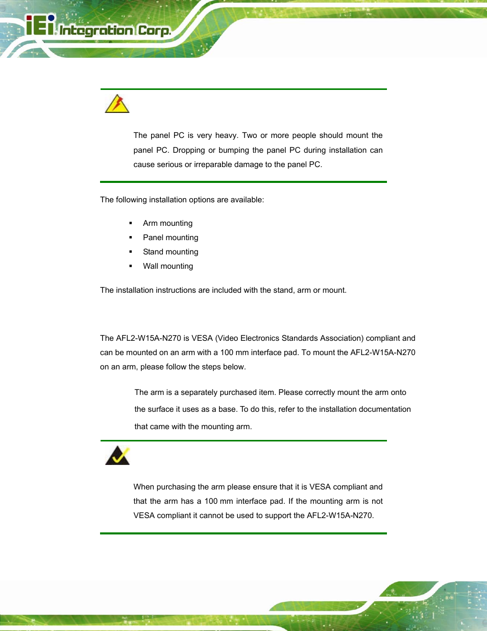8 mounting the system, 1 arm mounting, Ounting the | Ystem | IEI Integration AFL2-W15A-N270 v2.00 User Manual | Page 40 / 141