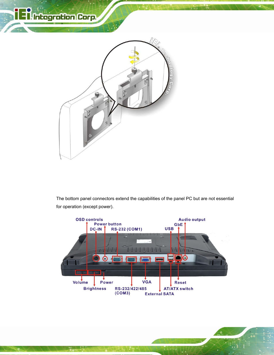 9 bottom panel connectors, Ottom, Anel | Onnectors, Figure 2-25: secure the panel pc, Figure 2-26: afl2-w15a-n270 bottom panel | IEI Integration AFL2-W15A-N270 v2.00 User Manual | Page 48 / 141