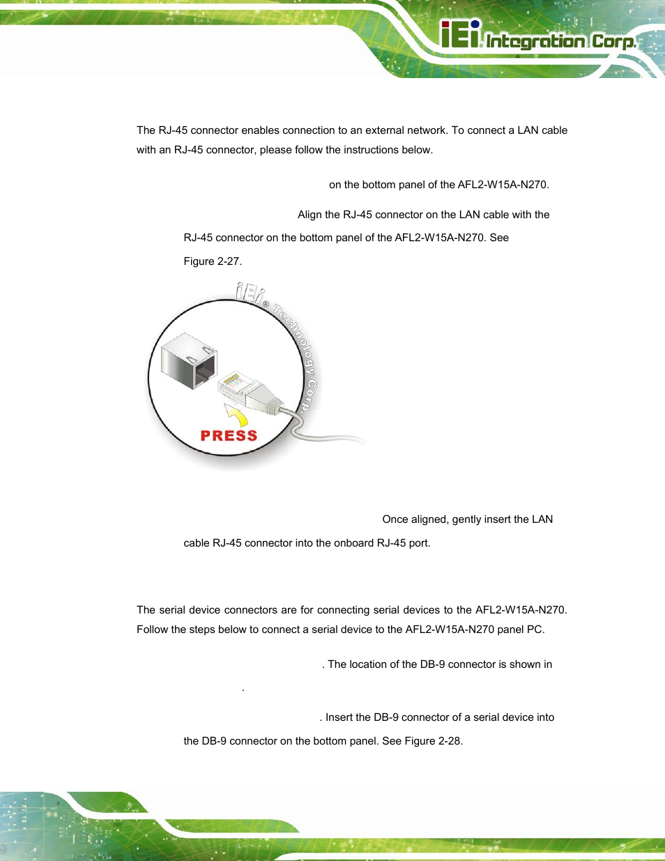 1 lan connection, 2 serial device connection, Figure 2-27: lan connection | IEI Integration AFL2-W15A-N270 v2.00 User Manual | Page 49 / 141