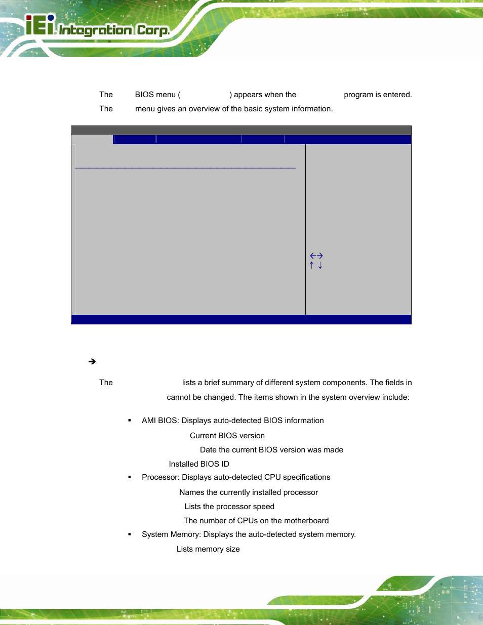 2 main, Bios menu 1: main | IEI Integration AFL2-W15A-N270 v2.00 User Manual | Page 56 / 141