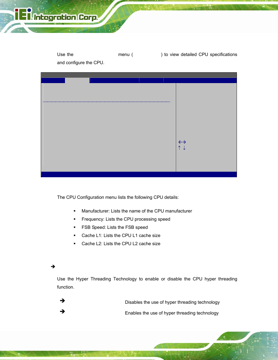 1 cpu configuration, Bios menu 3: cpu configuration | IEI Integration AFL2-W15A-N270 v2.00 User Manual | Page 58 / 141