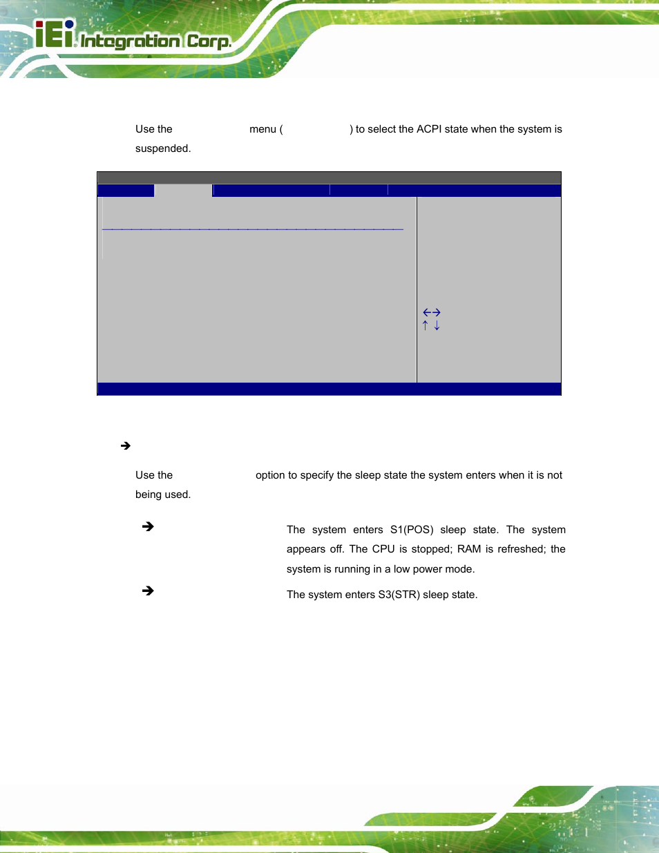 1 acpi settings, Bios menu 9: acpi settings | IEI Integration AFL2-W15A-N270 v2.00 User Manual | Page 68 / 141