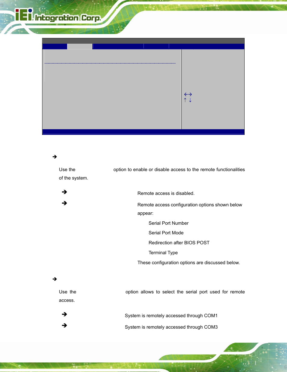 Bios menu 11: remote access configuration | IEI Integration AFL2-W15A-N270 v2.00 User Manual | Page 72 / 141