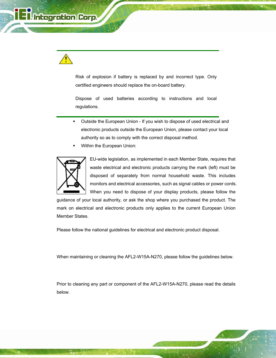 A.1.3 product disposal, A.2 maintenance and cleaning precautions, A.2.1 maintenance and cleaning | Aintenance and, Leaning, Recautions | IEI Integration AFL2-W15A-N270 v2.00 User Manual | Page 96 / 141
