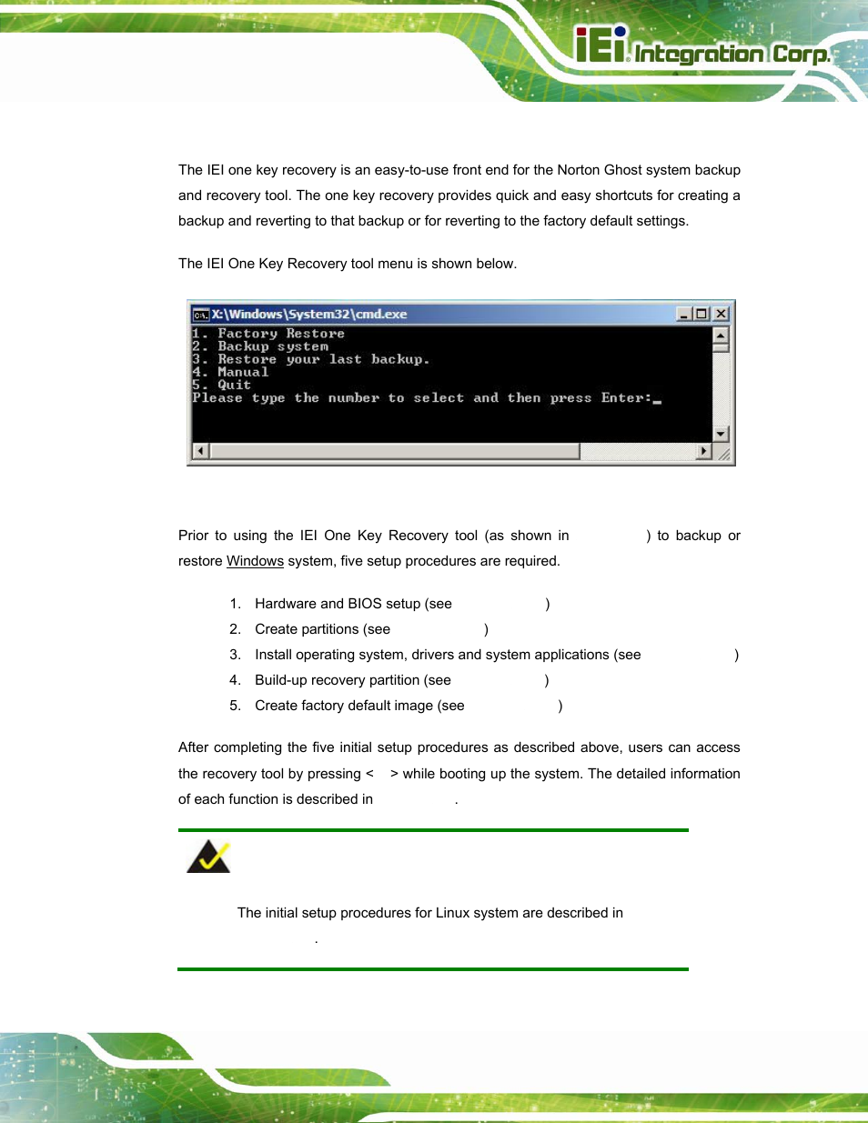 B.1 one key recovery introduction, Ecovery, Ntroduction | Figure b-1: iei one key recovery tool menu | IEI Integration AFL2-W15A-N270 v2.00 User Manual | Page 99 / 141