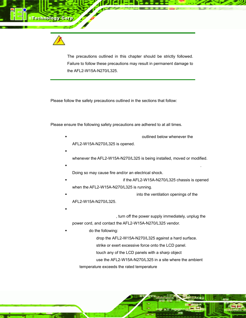 A.1 safety precautions, A.1.1 general safety precautions | IEI Integration AFL2-W15A-N270_W15A-L325 v1.01 User Manual | Page 114 / 165