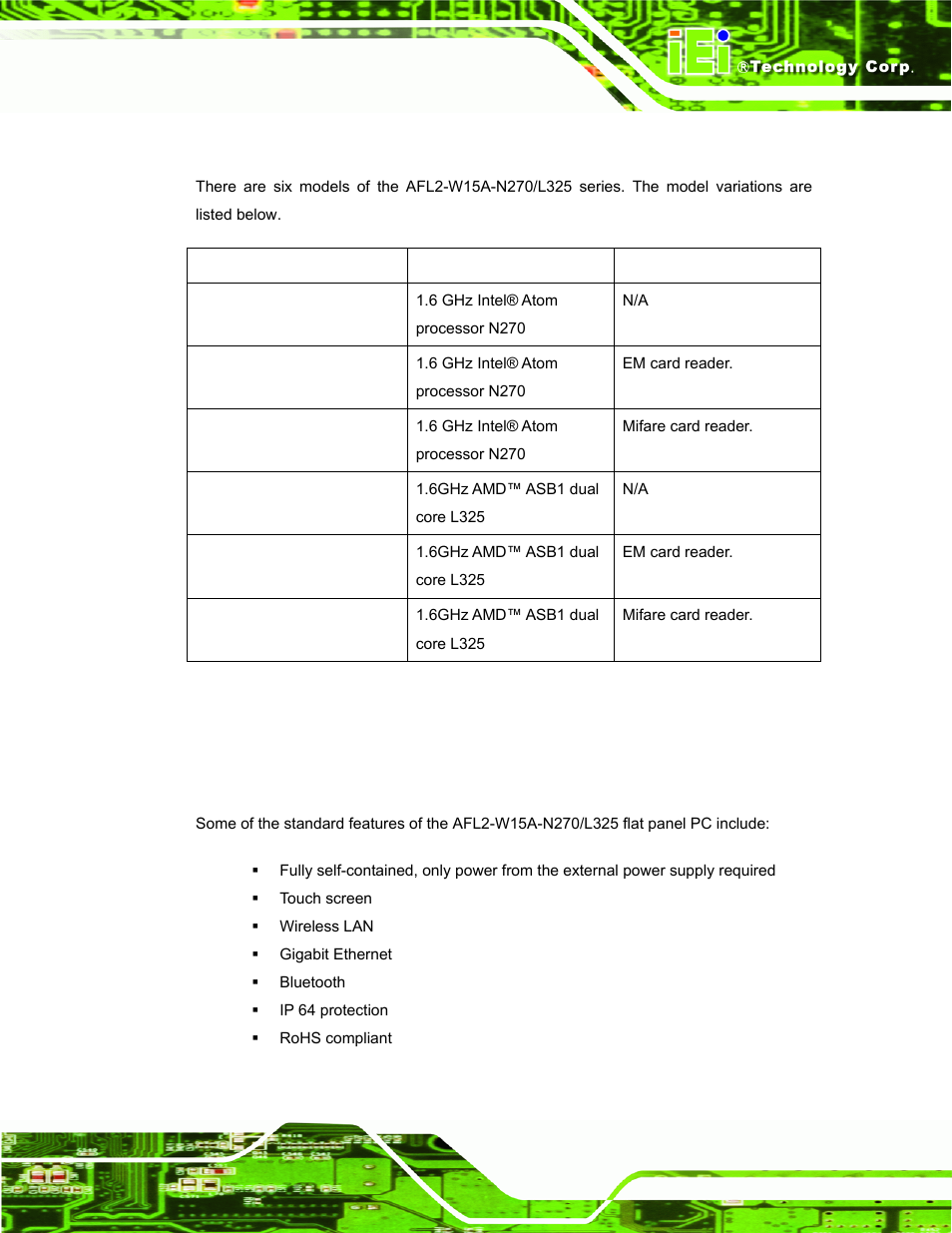2 model variations, 3 features | IEI Integration AFL2-W15A-N270_W15A-L325 v1.01 User Manual | Page 15 / 165