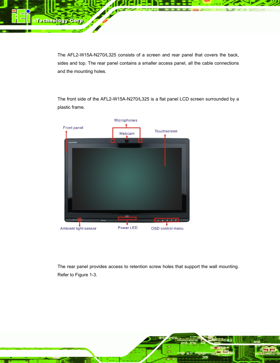 4 external overview, 1 front panel, 2 rear panel | IEI Integration AFL2-W15A-N270_W15A-L325 v1.01 User Manual | Page 16 / 165