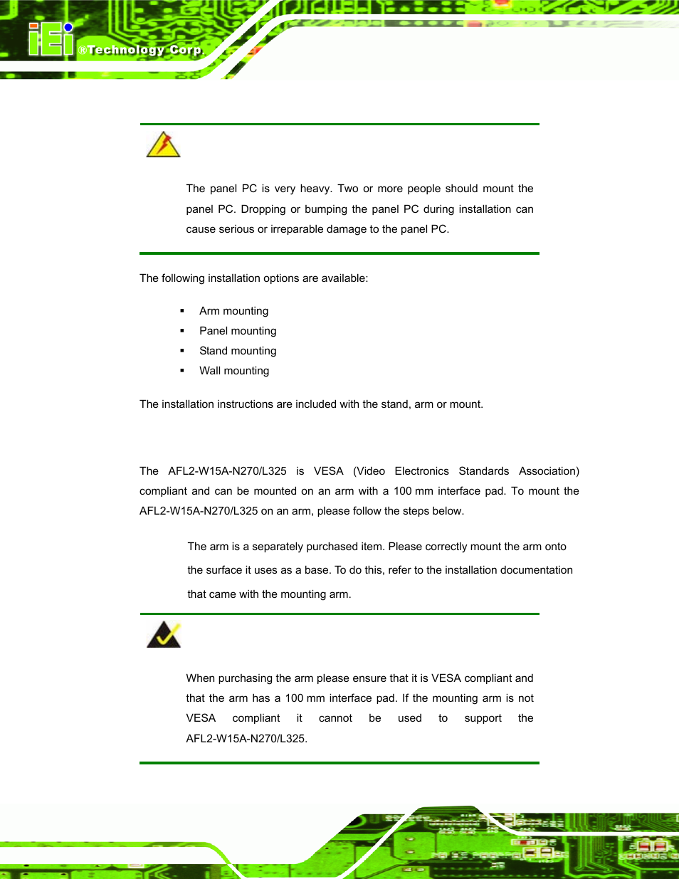 8 mounting the system, 1 arm mounting | IEI Integration AFL2-W15A-N270_W15A-L325 v1.01 User Manual | Page 48 / 165