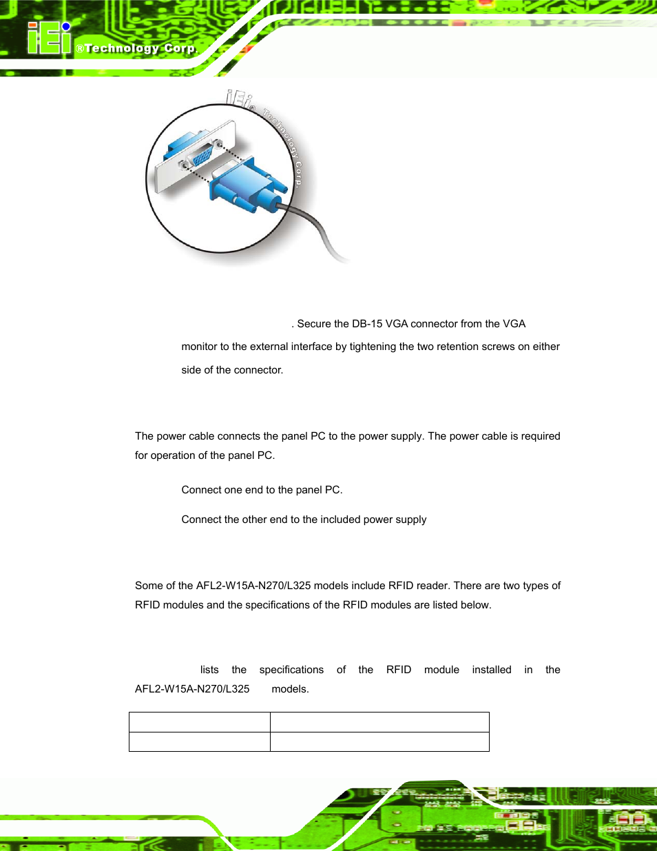 10 power connection, 11 rfid reader specs and setup (optional), 1 rfid module for em models | IEI Integration AFL2-W15A-N270_W15A-L325 v1.01 User Manual | Page 60 / 165