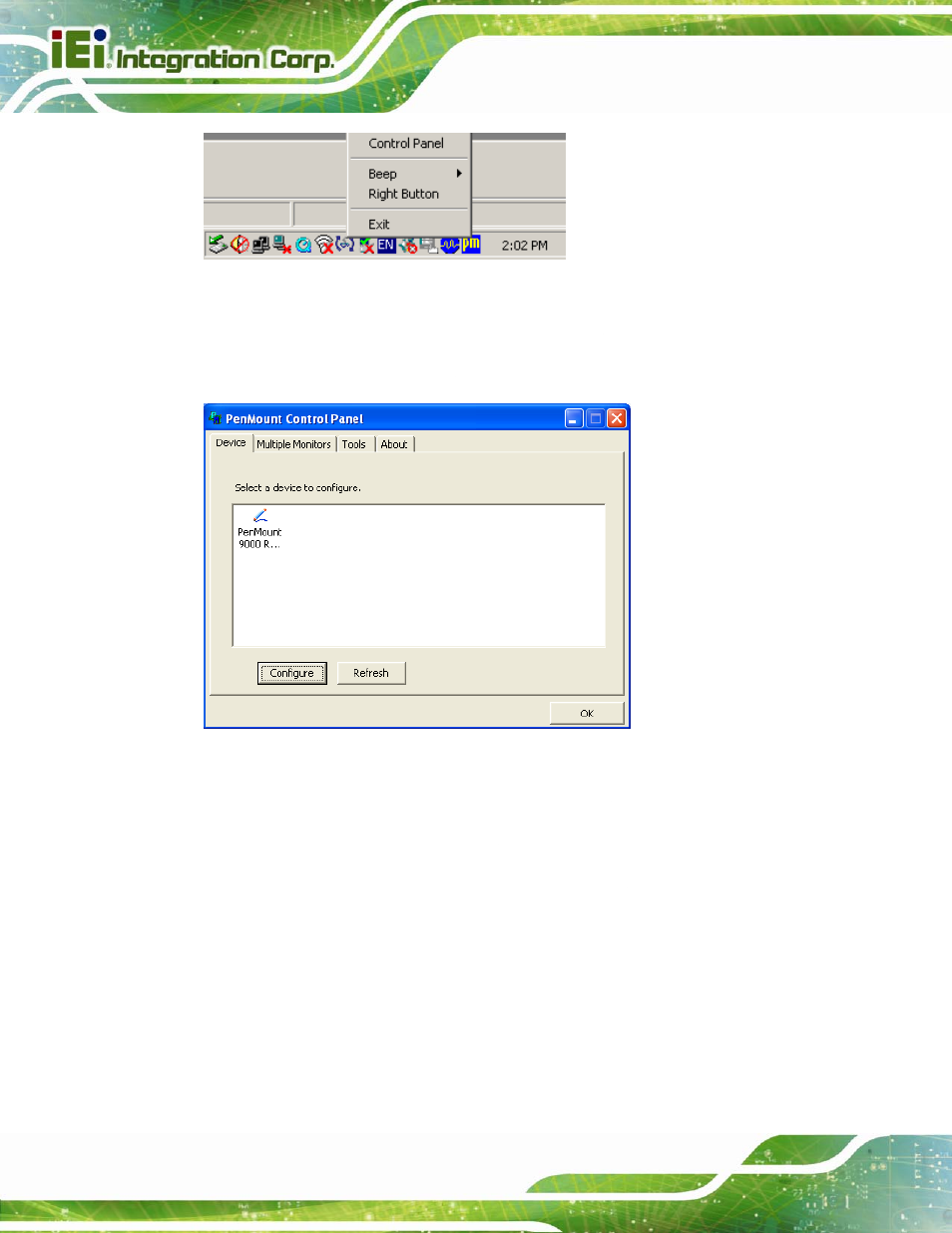 Figure 5-18: penmount monitor popup menu, Figure 5-19: configuration screen | IEI Integration AFL2-W10A-N28 User Manual | Page 104 / 206