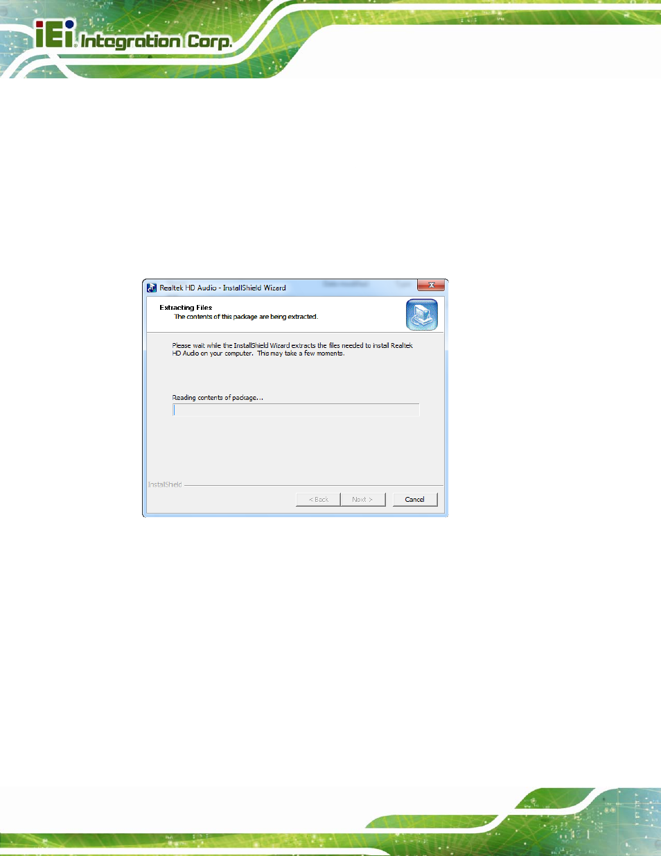 6 audio driver installation, Udio, River | Nstallation, Figure 5-22: audio driver – extracting files, Figure, Step 11, Click n | IEI Integration AFL2-W10A-N28 User Manual | Page 106 / 206