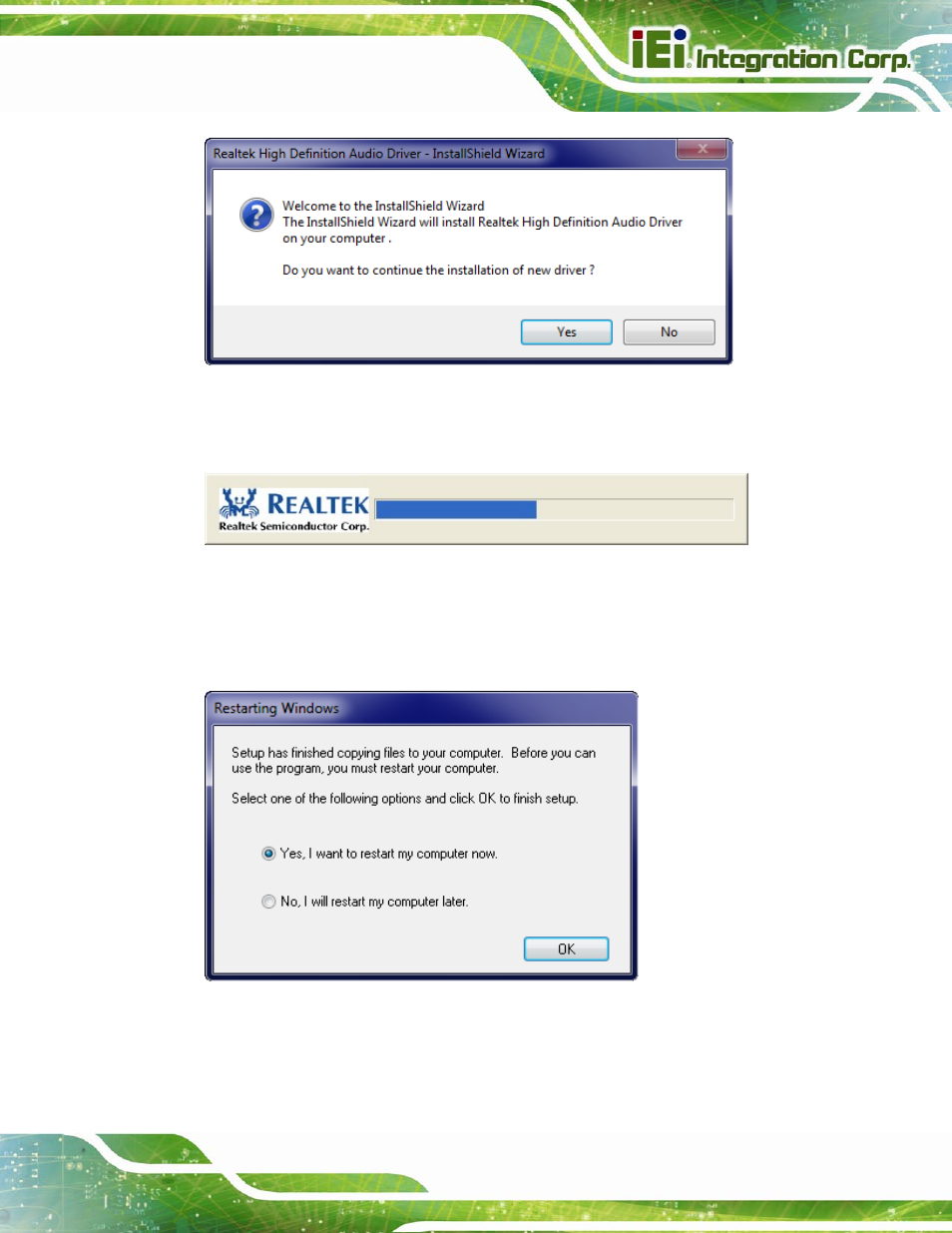 Figure 5-23: audio driver welcome screen, Figure 5-24: audio driver installation, Figure 5-25: audio driver installation complete | IEI Integration AFL2-W10A-N28 User Manual | Page 107 / 206