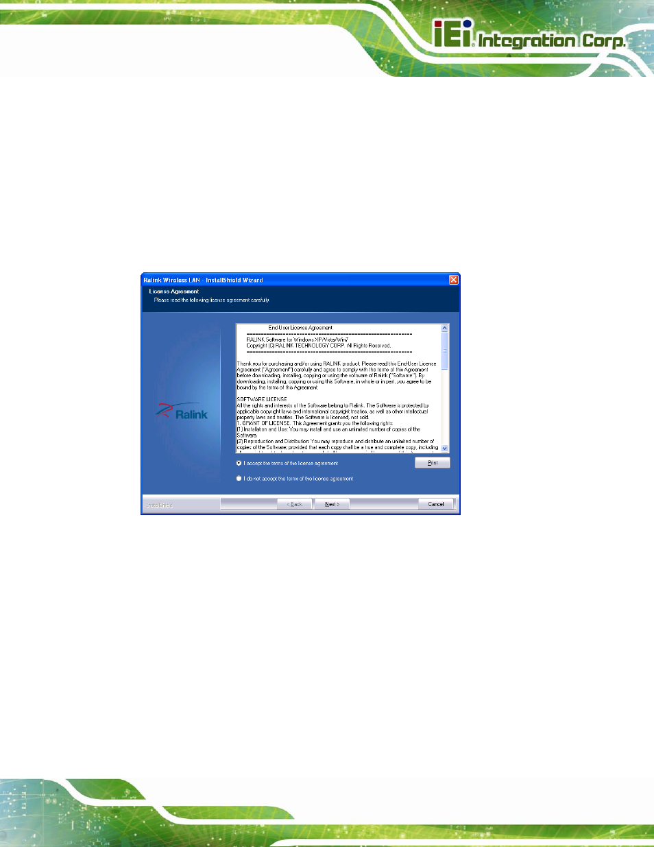 9 wi-fi driver installation, River, Nstallation | Figure 5-34: license agreement, Shown in, Figure 5-18, Step 5, The configur | IEI Integration AFL2-W10A-N28 User Manual | Page 113 / 206