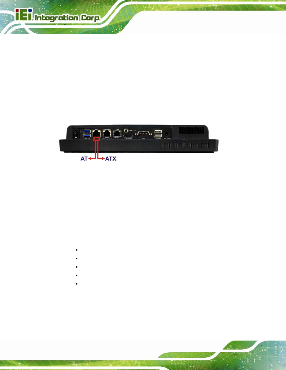 6 at/atx mode selection, 1 at power mode, 2 atx power mode | At/atx, Election, Figure 3-9: at/atx switch location | IEI Integration AFL2-W10A-N28 User Manual | Page 42 / 206