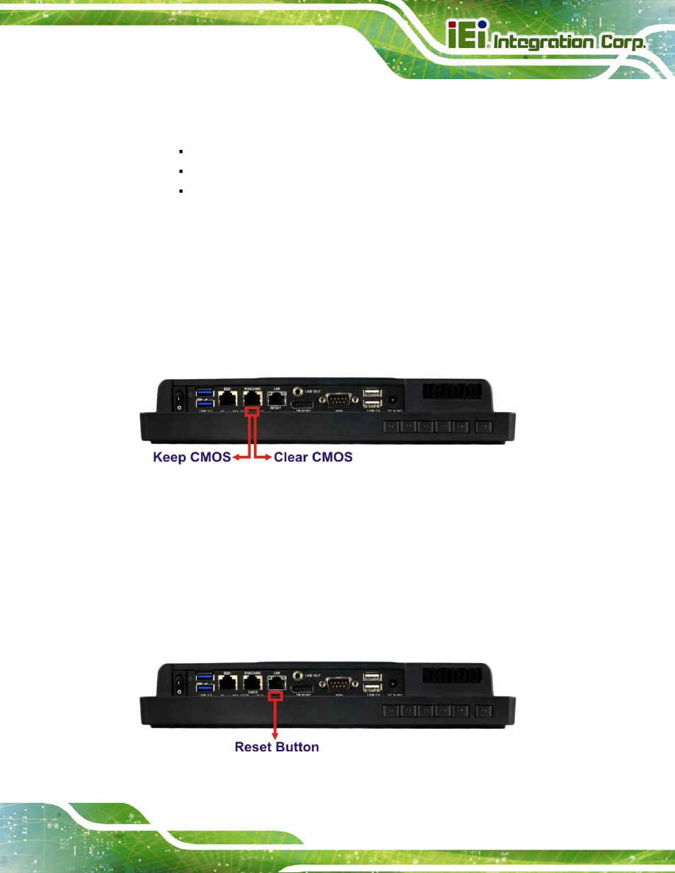 7 clear cmos, 8 reset the system, Lear | Cmos, Eset the, Ystem, Figure 3-10: clear cmos switch location, Figure 3-11: reset button location | IEI Integration AFL2-W10A-N28 User Manual | Page 43 / 206
