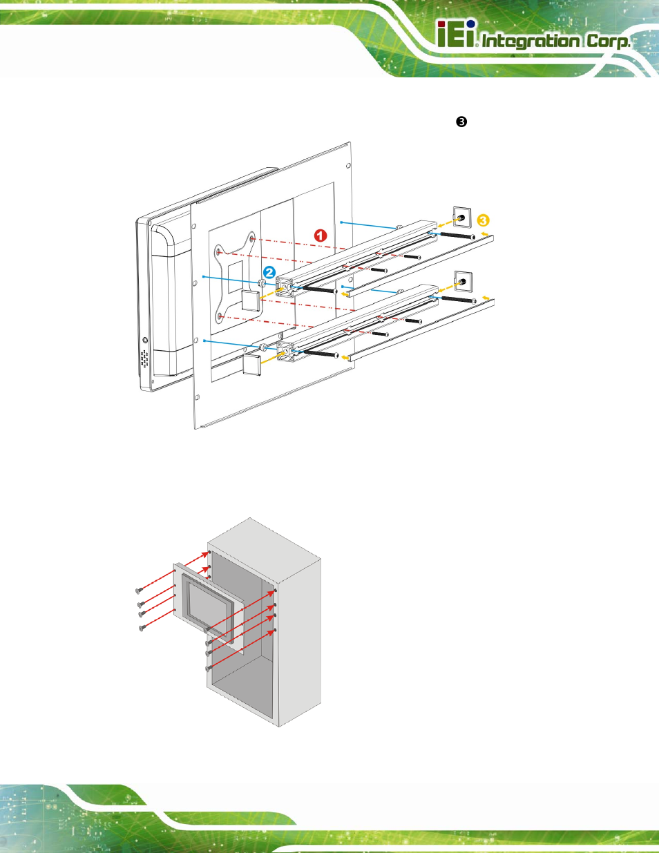 Figure 3-18: secure the rack/cabinet bracket, Figure 3-19: install into a rack/cabinet | IEI Integration AFL2-W10A-N28 User Manual | Page 51 / 206