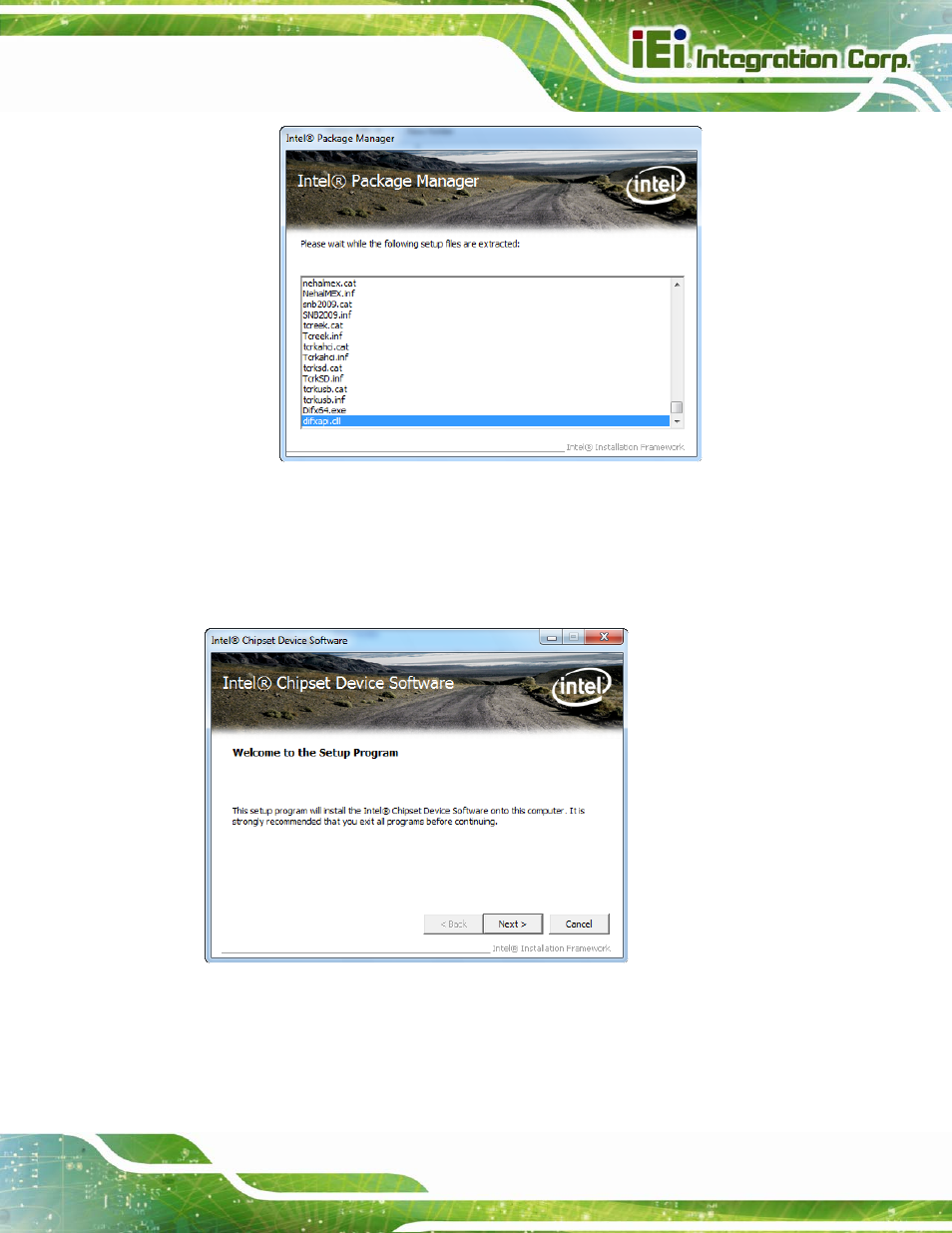 Figure 5-2: chipset driver screen, Figure 5-3: chipset driver welcome screen | IEI Integration AFL2-W10A-N28 User Manual | Page 95 / 206