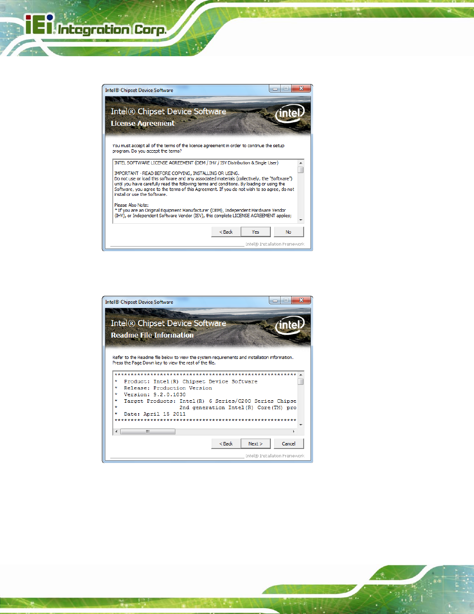 Figure 5-4: chipset driver license agreement, Figure 5-5: chipset driver read me file | IEI Integration AFL2-W10A-N28 User Manual | Page 96 / 206