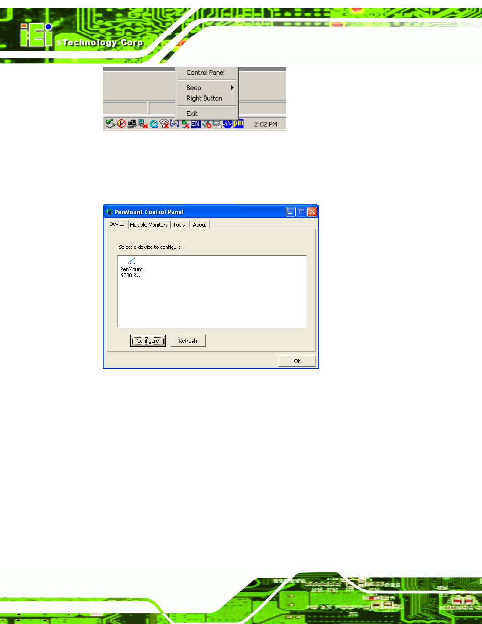Figure 5-18: penmount monitor popup menu, Figure 5-19: configuration screen | IEI Integration AFL2-10A-N28 User Manual | Page 101 / 203