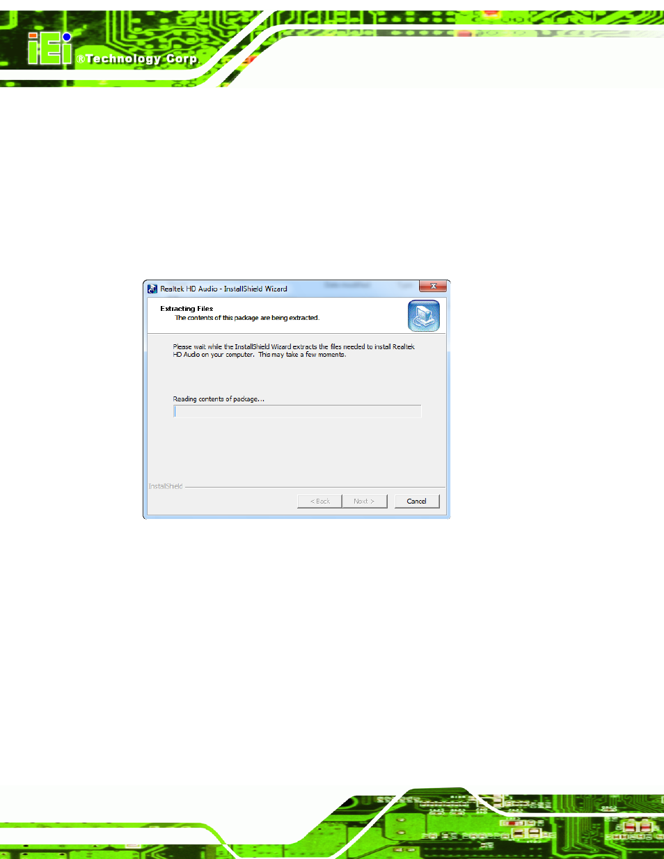 6 audio driver installation, Udio, River | Nstallation, Figure 5-22: audio driver – extracting files | IEI Integration AFL2-10A-N28 User Manual | Page 103 / 203