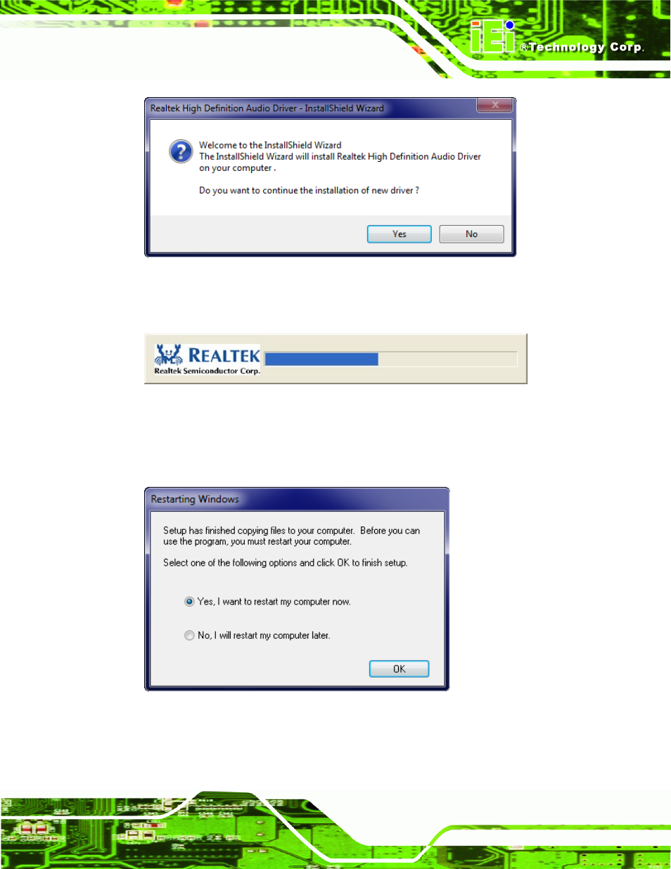 Figure 5-23: audio driver welcome screen, Figure 5-24: audio driver installation, Figure 5-25: audio driver installation complete | IEI Integration AFL2-10A-N28 User Manual | Page 104 / 203