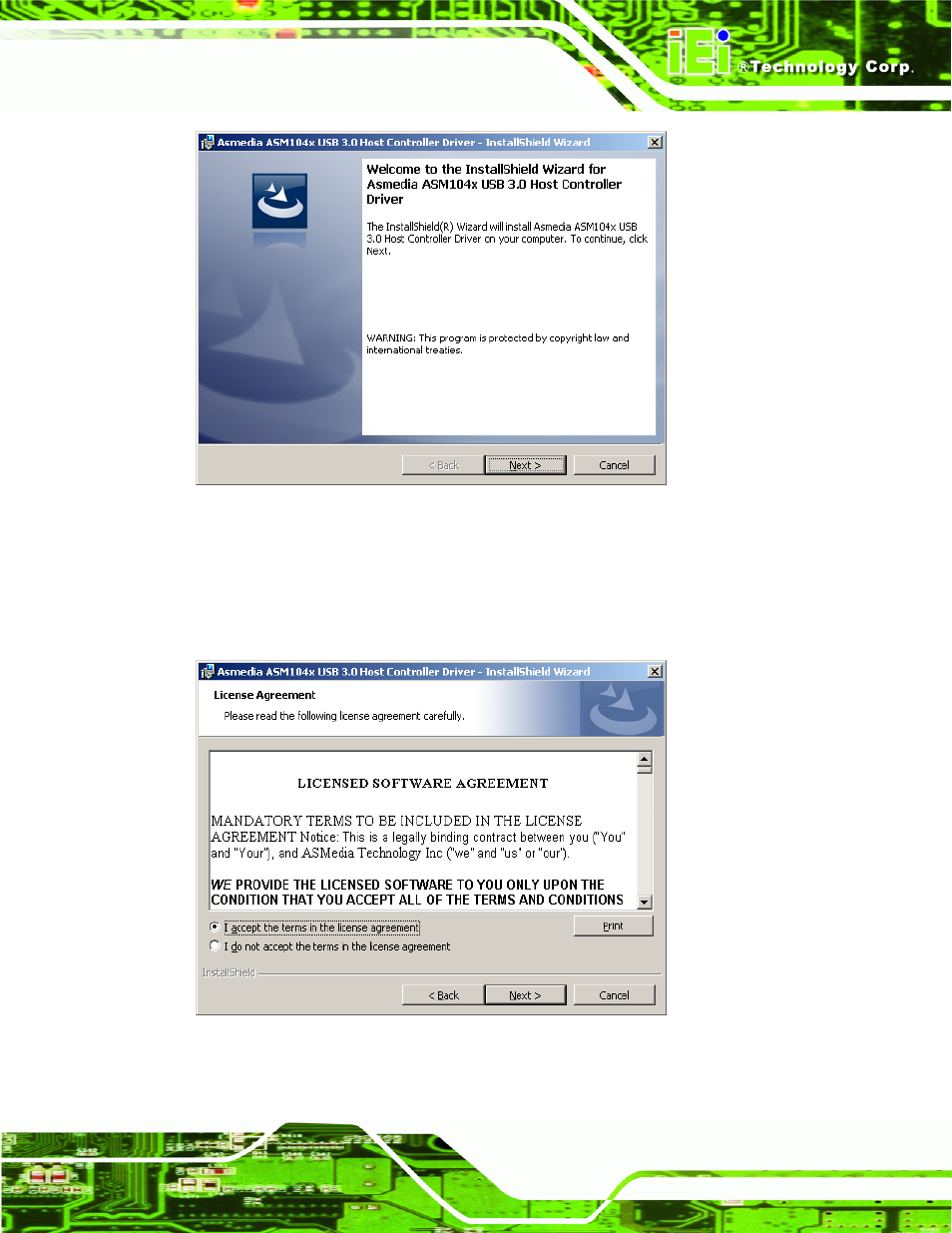 Figure 5-30: usb 3.0 driver welcome screen, Figure 5-31: usb 3.0 driver license agreement | IEI Integration AFL2-10A-N28 User Manual | Page 108 / 203