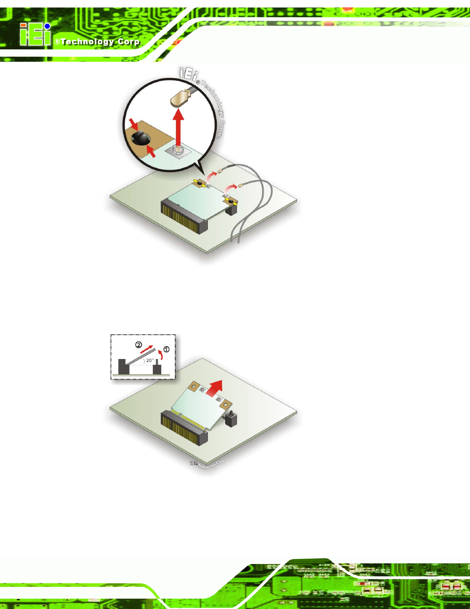 Figure 6-5: releasing the wlan card, Figure 6-6: removing the wlan card, Figure 6-5 | IEI Integration AFL2-10A-N28 User Manual | Page 127 / 203