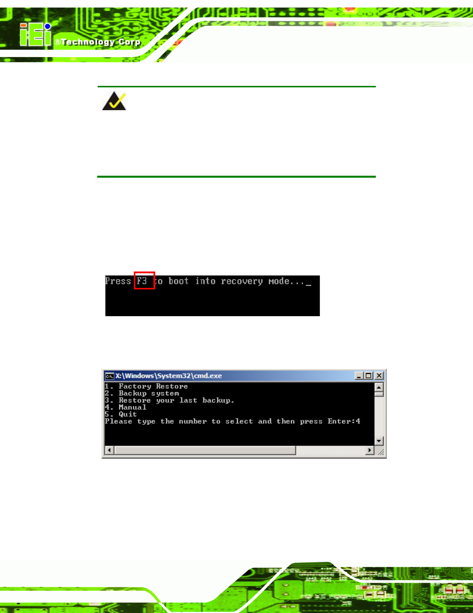 C.2.5 create factory default image, Figure c-10: press f3 to boot into recovery mode, Figure c-11: recovery tool menu | C.2.5 | IEI Integration AFL2-10A-N28 User Manual | Page 167 / 203