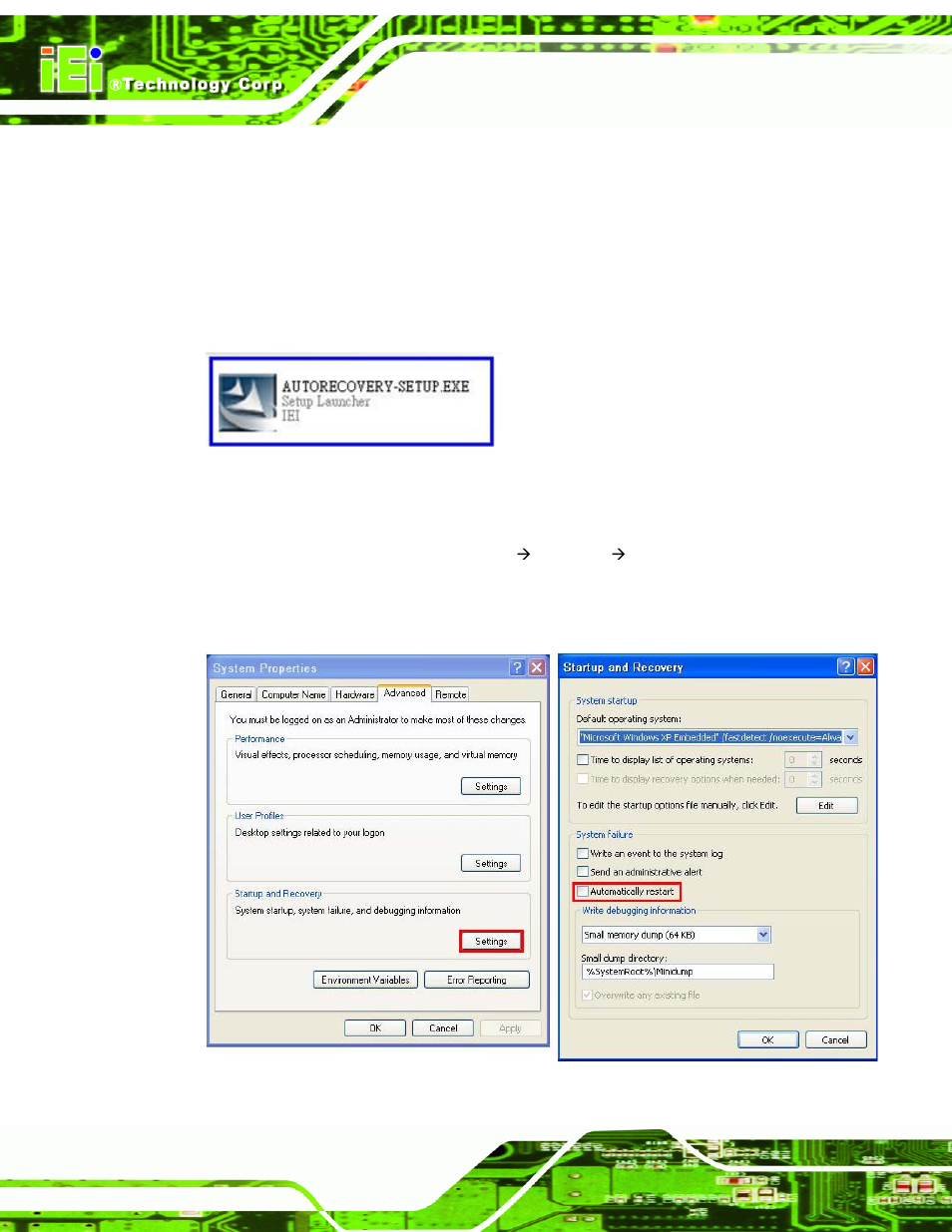 Figure c-22: auto recovery utility, Figure c-23: disable automatically restart | IEI Integration AFL2-10A-N28 User Manual | Page 173 / 203