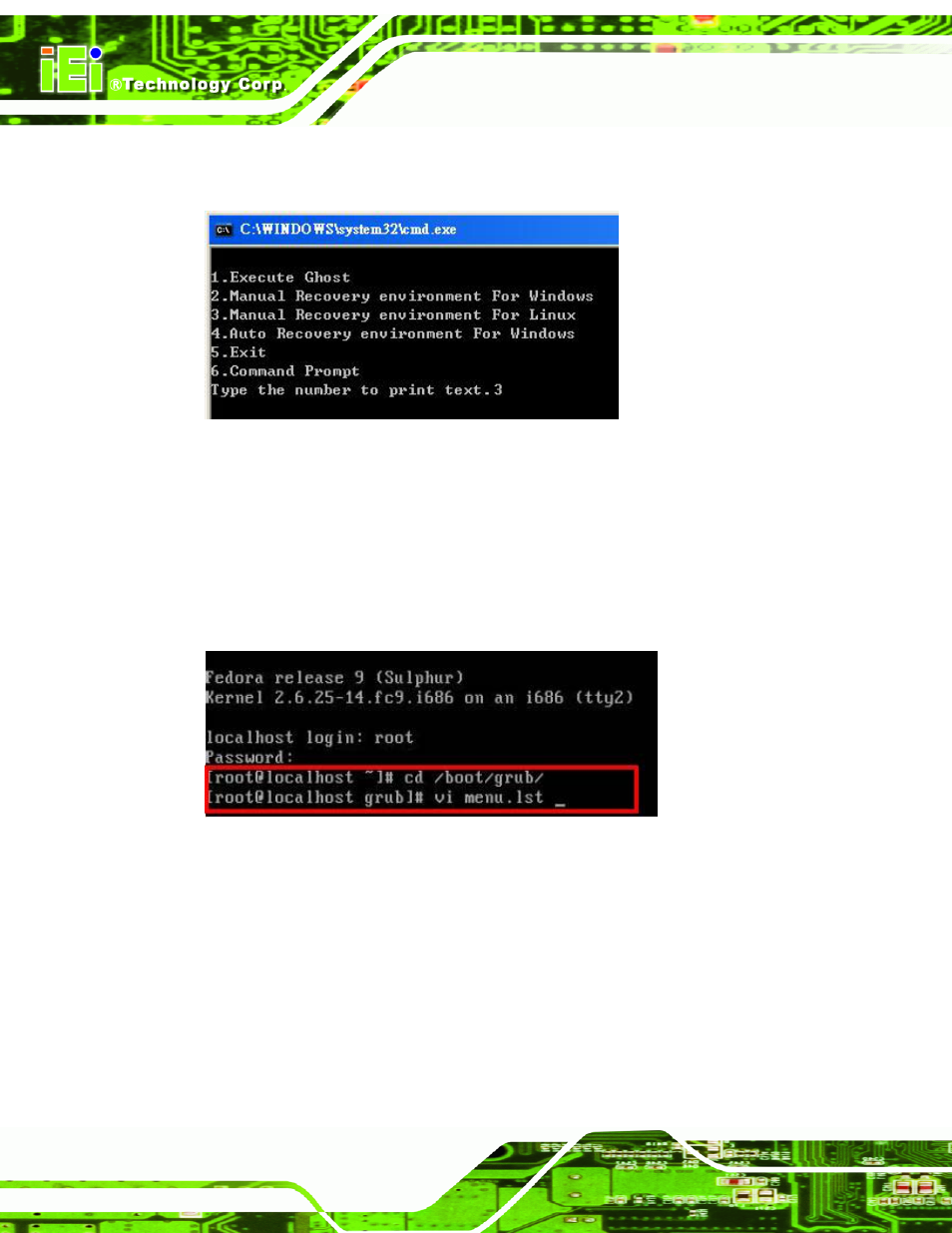 Figure c-31: manual recovery environment for linux, Figure c-32: access menu.lst in linux (text mode) | IEI Integration AFL2-10A-N28 User Manual | Page 179 / 203