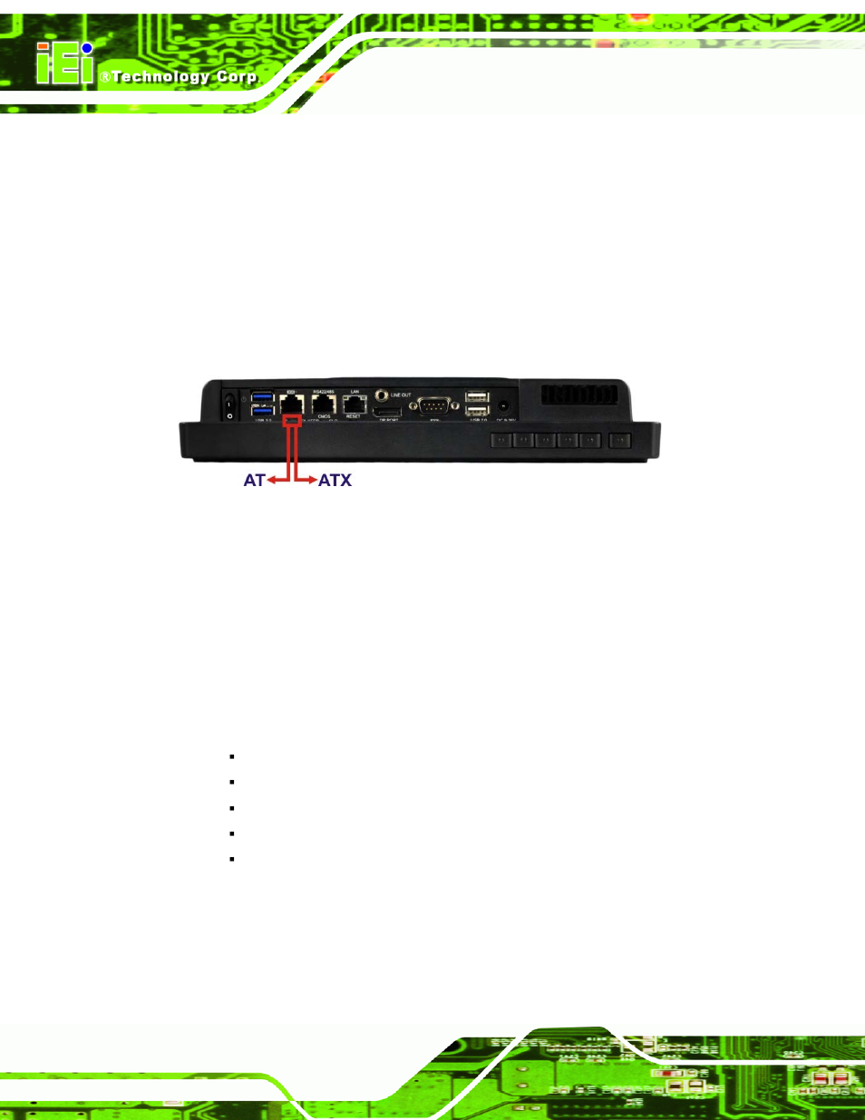 6 at/atx mode selection, 1 at power mode, 2 atx power mode | At/atx, Election, Figure 3-9: at/atx switch location | IEI Integration AFL2-10A-N28 User Manual | Page 41 / 203