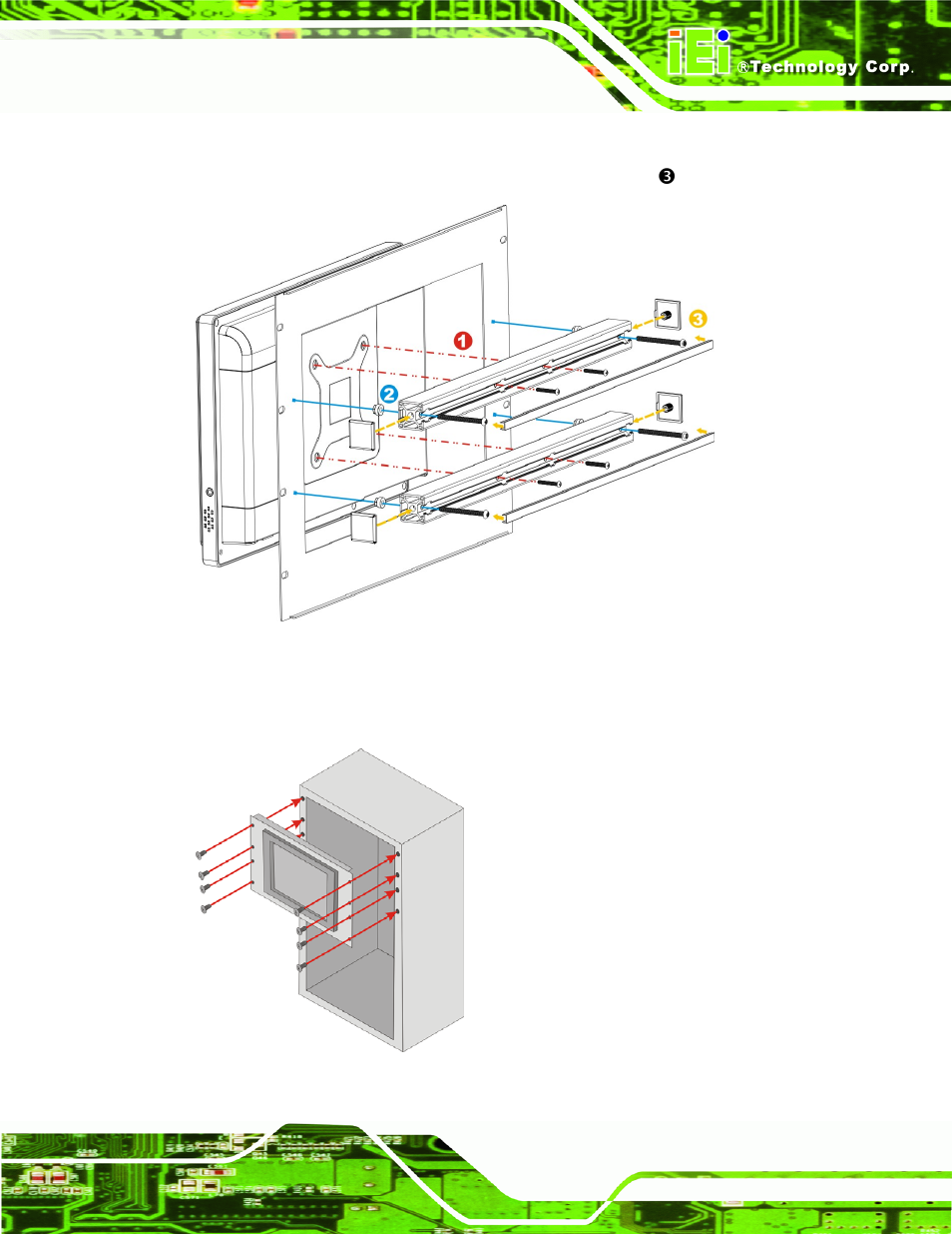Figure 3-18: secure the rack/cabinet bracket, Figure 3-19: install into a rack/cabinet | IEI Integration AFL2-10A-N28 User Manual | Page 50 / 203