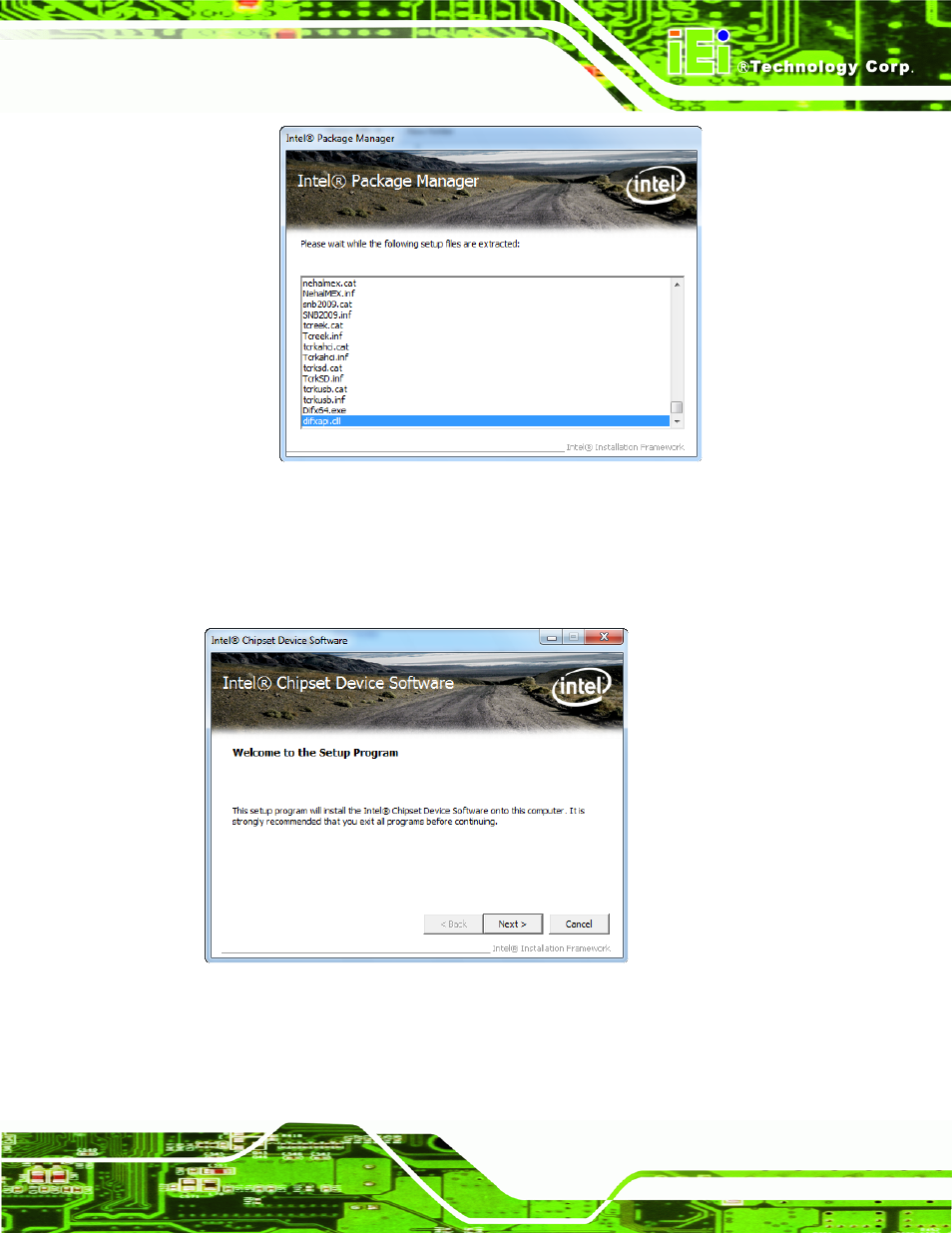 Figure 5-2: chipset driver screen, Figure 5-3: chipset driver welcome screen | IEI Integration AFL2-10A-N28 User Manual | Page 92 / 203