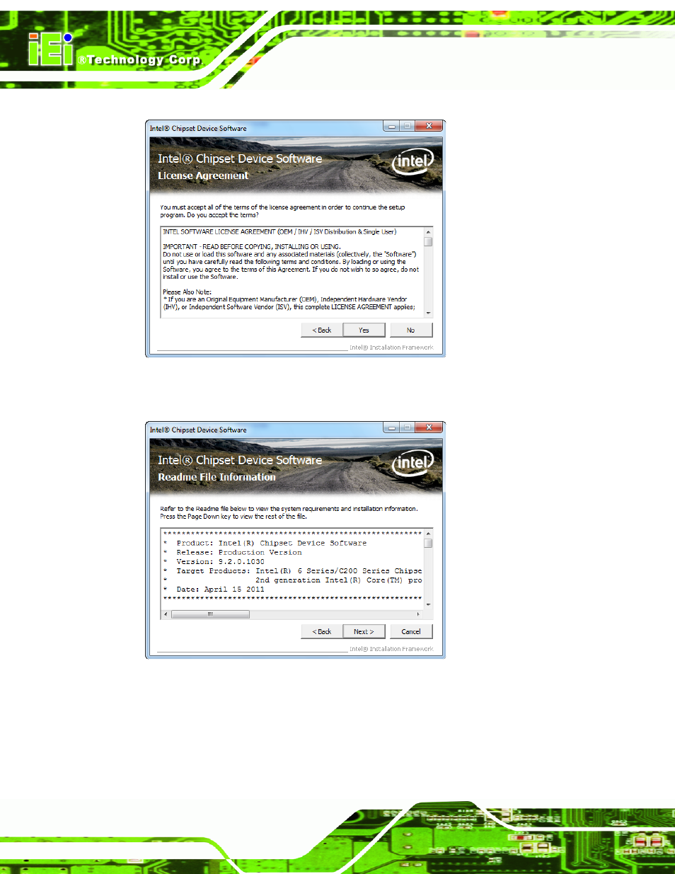Figure 5-4: chipset driver license agreement, Figure 5-5: chipset driver read me file | IEI Integration AFL2-10A-N28 User Manual | Page 93 / 203